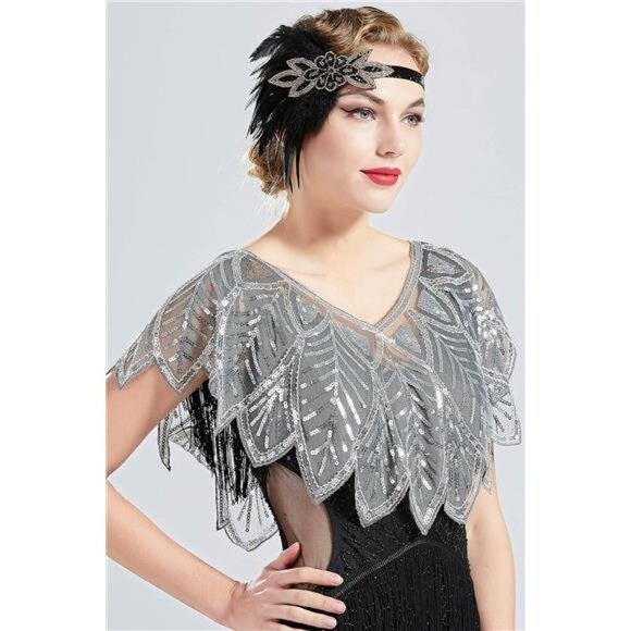 1920s Shawl Wraps Sequin Beaded Evening Cape Bridal Shawl - Picture 3 of 7